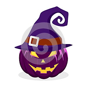 Halloween pumpkin with witches hat isolated on white background. vector