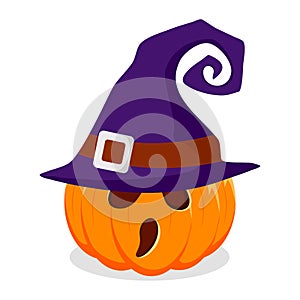 Halloween pumpkin with witches hat isolated on white background. vector