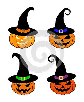 Halloween pumpkin in witches hat vector set illustration, Jack O Lantern isolated on white background. Scary orange picture with e