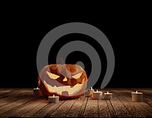 halloween pumpkin at wooden floor with candle lights 3d rendering
