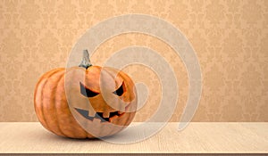 Halloween pumpkin on wooden table.