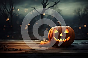 Halloween pumpkin on a wooden table in the dark forest. 3d render, One spooky halloween pumpkin, Jack O Lantern, with an evil face