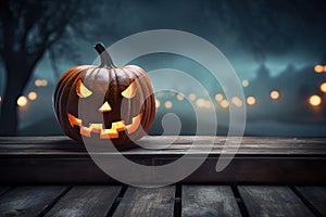 Halloween pumpkin on wooden table with foggy background. 3D Rendering, One spooky halloween pumpkin, Jack O Lantern, with an evil