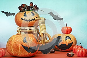 Halloween pumpkins, acorns and paper bats on blue orange backgroun