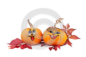 Halloween pumpkins with autumn leaves