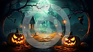 Halloween pumpkins with autumn leaves on black background space for text