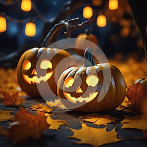 Halloween pumpkins with autumn leaves and candles on dark background