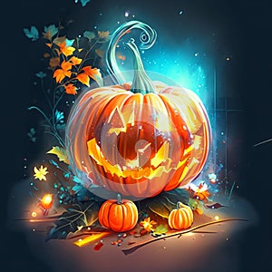 Halloween pumpkins with autumn leaves and glowing lights. Vector illustration Generative AI