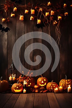 Halloween pumpkins, background with copy space. Generative AI