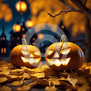 Halloween pumpkins on the background of the night city and autumn leaves