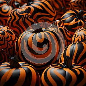 Halloween pumpkins background with orange and black stripes. 3d render