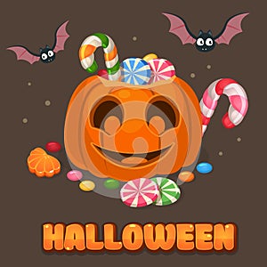 Halloween pumpkins with bat, colored candies and lollipops