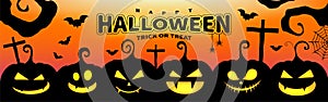 Halloween Pumpkins, Bats, Spider, Cobwebs, and Cross wood in silhouette flat design. Halloween banner.