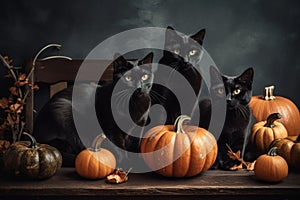 Halloween pumpkins and black cats art. Thanksgiving celebration