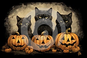 Halloween pumpkins and black cats art. Thanksgiving celebration