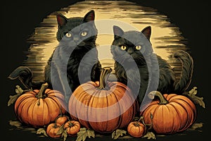 Halloween pumpkins and black cats art. Thanksgiving celebration