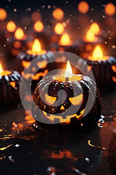 halloween pumpkins with burning candles in the dark