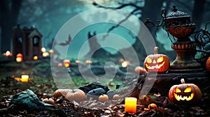 Halloween pumpkins with burning candles in spooky forest