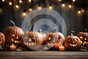 Halloween pumpkins with burning candles on wooden background, copy space