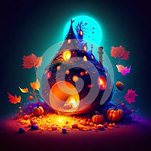 Halloween pumpkins, candles and autumn leaves. Vector illustration. Generative AI