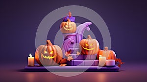 halloween pumpkins candles and bats with violet background