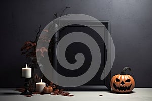 Halloween pumpkins candles with blackboard, mock up, scary pumpkins frame. Halloween concept. Generative ai