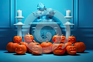 Halloween pumpkins with candles on blue background. 3d render