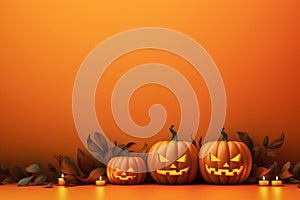 Halloween pumpkins, candles and leaves on orange background