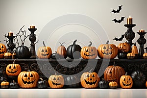 Halloween pumpkins and candles on white background Ai generative