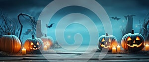 Halloween pumpkins with candles on wooden background, 3d render