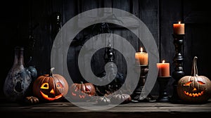 halloween pumpkins and candles on a wooden table