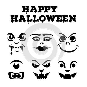 Halloween pumpkins carved faces silhouettes. Funny monsters icons. Template for cut out jack o lantern. Stencil set