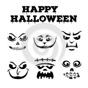 Halloween pumpkins carved faces silhouettes. Template for cut out jack o lantern. Funny monsters stencil set. Vector art