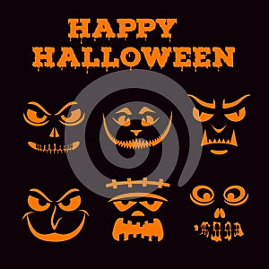 Halloween pumpkins carved faces silhouettes. Template for cut out jack o lantern. Funny monsters stencil set. Vector art