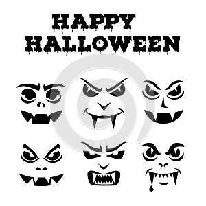 Halloween pumpkins carved faces silhouettes. Template for jack o lantern. Funny vampires stencil set. Monsters icons