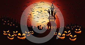 Halloween Pumpkins at Cemetery with Bats Flying Against Full Moon Sky with Haunted Mansion