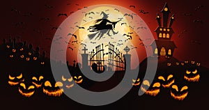 Halloween Pumpkins at Cemetery with Bats Flying and Witch Riding the Broom Against Full Moon Sky with Haunted Mansion in the