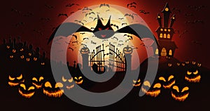 Halloween Pumpkins at Cemetery with Bats Flying and Witch Riding the Broom Against Full Moon Sky with Haunted Mansion