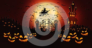 Halloween Pumpkins at Cemetery with Bats Flying and Witch Riding the Broom Against Full Moon Sky with Haunted Mansion