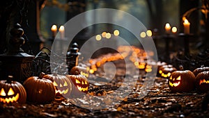 Halloween pumpkins in cemetery with candles and lanterns