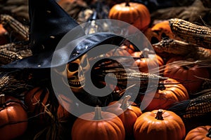 halloween pumpkins corn and a witchs hat