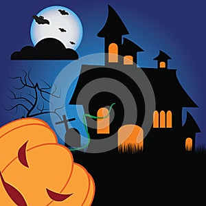 Halloween pumpkins and dark castle on blue Moon background, illustration