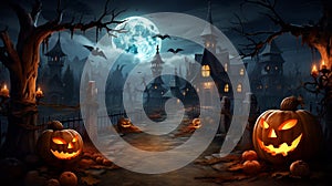 Halloween pumpkins and dark castle on blue moon background illustration