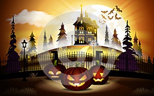 Halloween pumpkins and dark castle on orange Moon background, illustration.