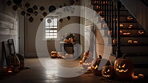 halloween pumpkins in a dark room