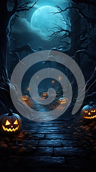 halloween pumpkins in dark spooky forest and valley, halloween concept, generative ai