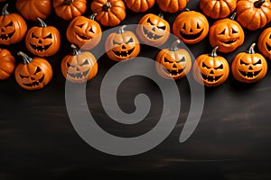 Halloween pumpkins on dark wooden background, top view. Space for text Ai generative