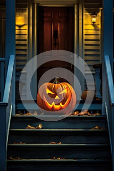halloween pumpkins and decorations outside a house ai generated