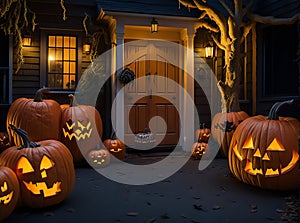 Halloween Pumpkins and Decorations Outside a House: Night View of Spooky Decor.