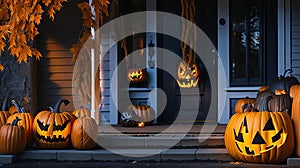 Halloween Pumpkins and Decorations Outside a House: Night View of Spooky Decorr.